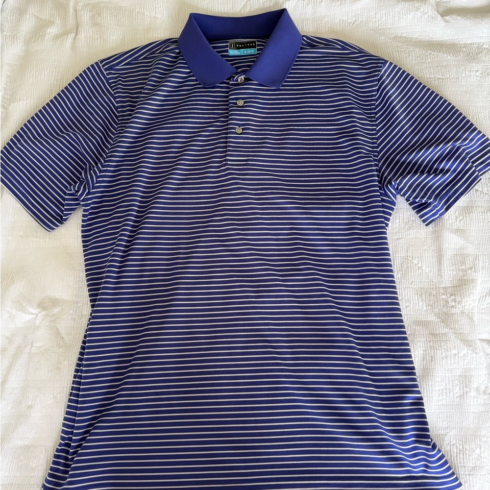 PGA Tour Blue and White Striped Polo Shirt